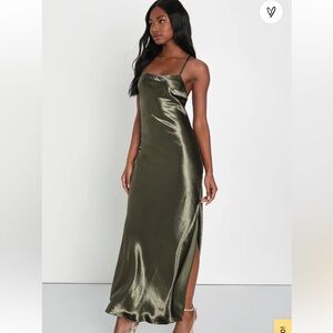 Lulus Devine Celebration Olive Green Satin Lace Up Maxi Dress